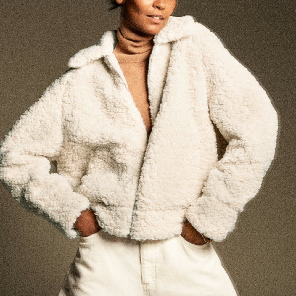 Zara Fleece Sherpa Teddy Bomber Zip Up Jacket